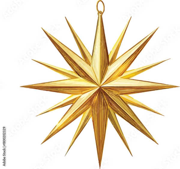 Fototapeta Golden Christmas star decoration with yellow sun shape and snowflake pattern illustration