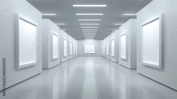 Fototapeta “Minimalist white art gallery featuring a single picture frame.”

