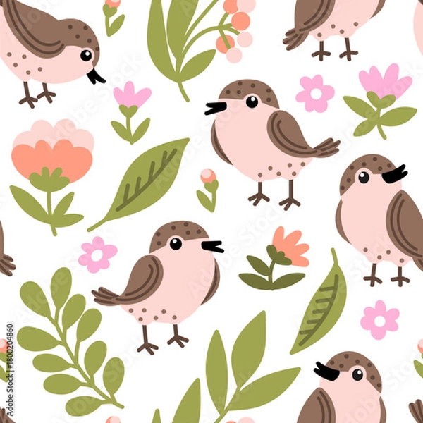 Obraz Cute sparrows floral seamless pattern