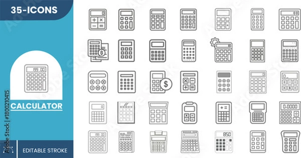 Obraz 35 Calculator Icons in Modern Vector Style for Accounting, Finance, Mathematics, Budgeting, UI/UX Design, Mobile Apps, Websites, and Educational Tools – Fully Editable Set.