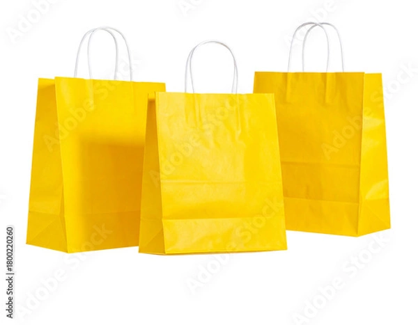 Fototapeta  Floating Trio of Yellow Shopping Bags, Minimalist Composition, Transparent Background.