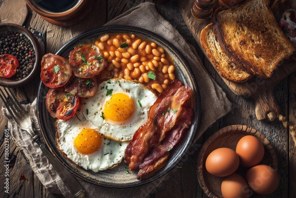 Fototapeta Full English breakfast plate with fried eggs, bacon, beans, tomatoes, toast, and black coffee, styled on a rustic table for hearty morning food imagery.