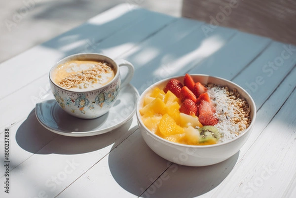 Fototapeta Smoothie bowl topped with strawberries, mango, and granola beside a cup of coffee on a white table, captured in bright natural light for fresh breakfast imagery.