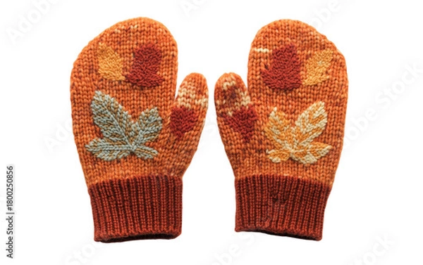 Fototapeta Cozy knitted mittens featuring intricate autumn leaf patterns designed for warm and stylish fall outfits isolated on transparent background PNG