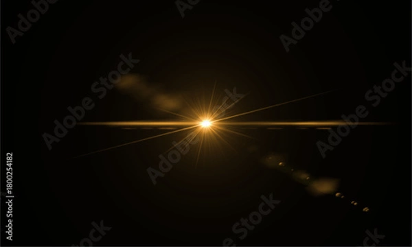Fototapeta Golden light flare effect overlay bright sun star burst lens abstract background design asset