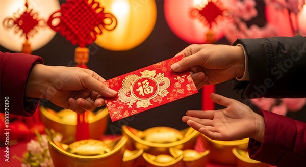 Fototapeta Hands Exchanging Red Fu Envelope at Chinese New Year