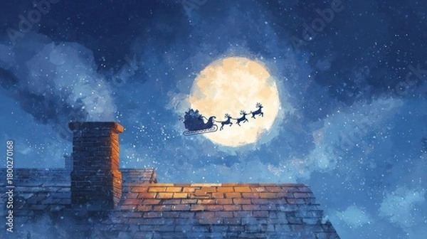 Obraz Santa claus flying in his sleigh pulled by reindeer across a magical starry night sky above a snowy rooftop