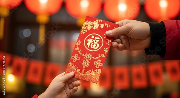 Fototapeta Hand Giving Red Fu Envelope Against Festive Lantern Background