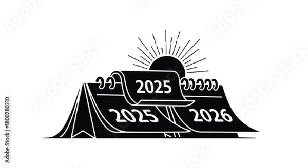 Fototapeta New year approaches as calendars turn from 2025 to 2026 with a rising sun.