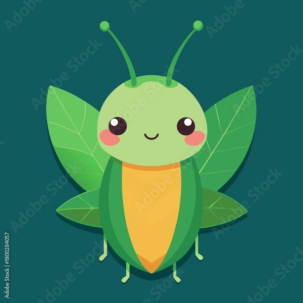 Obraz Adorable green cartoon insect with leaf wings and big eyes smiling happily