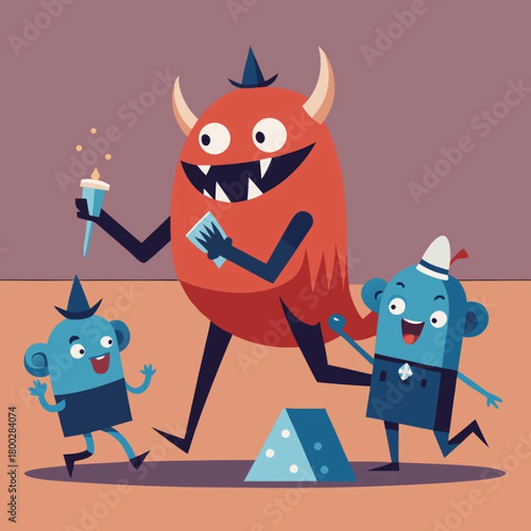 Obraz Joyful monsters celebrate with cake and candles spreading happiness and fun