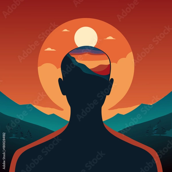 Obraz Silhouette of a person with a vast mountain landscape filling their mind