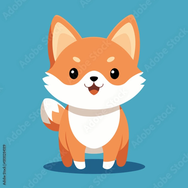 Obraz Adorable cartoon fox with big eyes and fluffy tail standing on a blue background