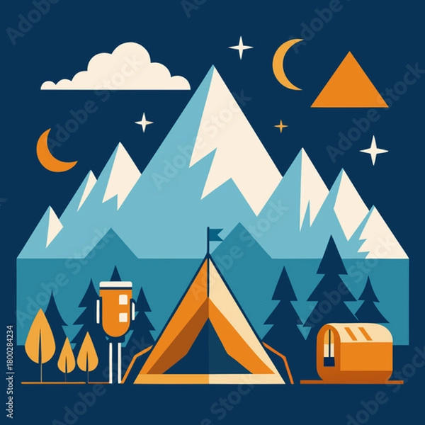 Obraz Stylized mountain campsite under a starry night sky with crescent moons