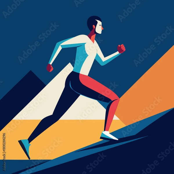 Obraz Stylized runner ascends a geometric mountain landscape in bold colors