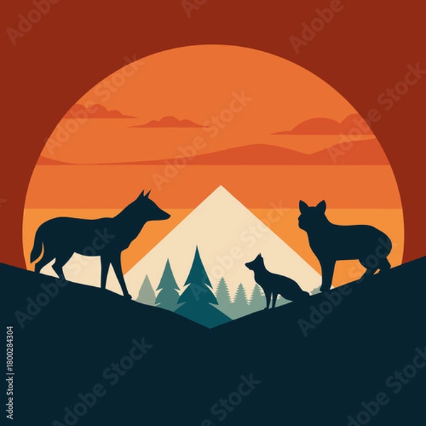 Obraz Three silhouetted wolves stand on a hillside against a vibrant sunset and mountain landscape