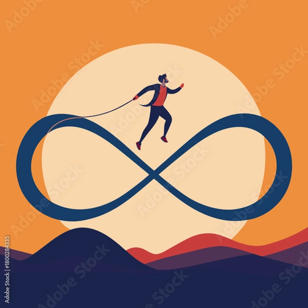 Obraz Man running on an infinity loop against a sunset backdrop with abstract hills