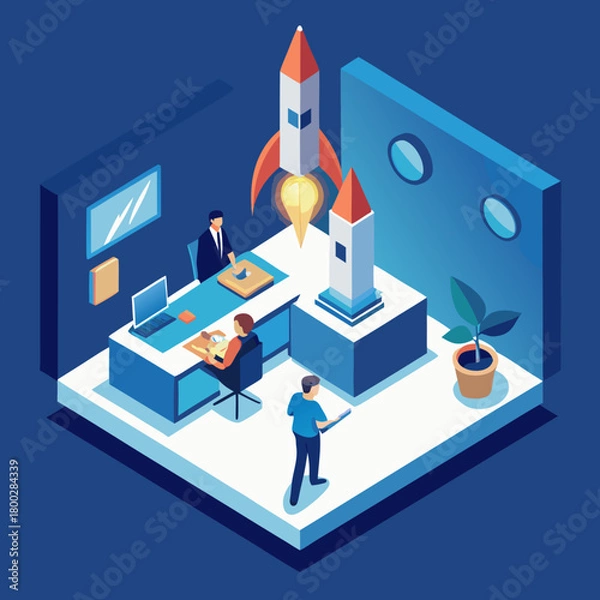 Obraz Isometric office scene with people working on projects and rockets symbolizing startup growth and innovation