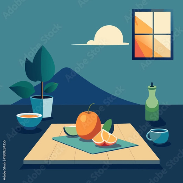 Obraz Still life with orange plant and window view in minimalist style