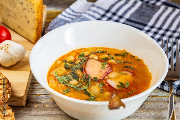 Fototapeta A hearty bowl of cooked bean stew with tender pieces of meat, served in a clean white dish. The warm, rich broth highlights the soft beans and juicy meat, while natural lighting 