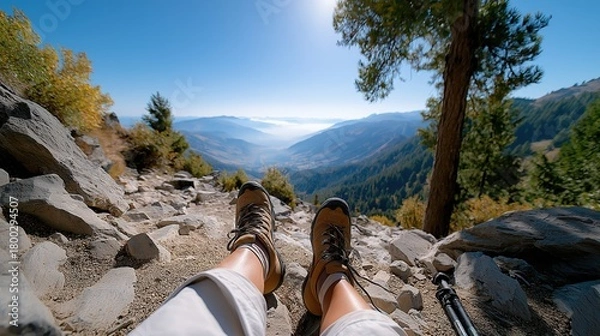 Fototapeta First-person view of a hiker resting on a mountain trail with a scenic valley view. Legs and hiking boots in the foreground on a sunny autumn day. Outdoor adventure and travel concept