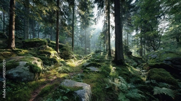 Obraz Sunlit Mossy Forest Floor Serene Natural Scene
