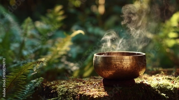 Fototapeta Closeup of a singing bowl on a mossy surface in a forest with steam rising