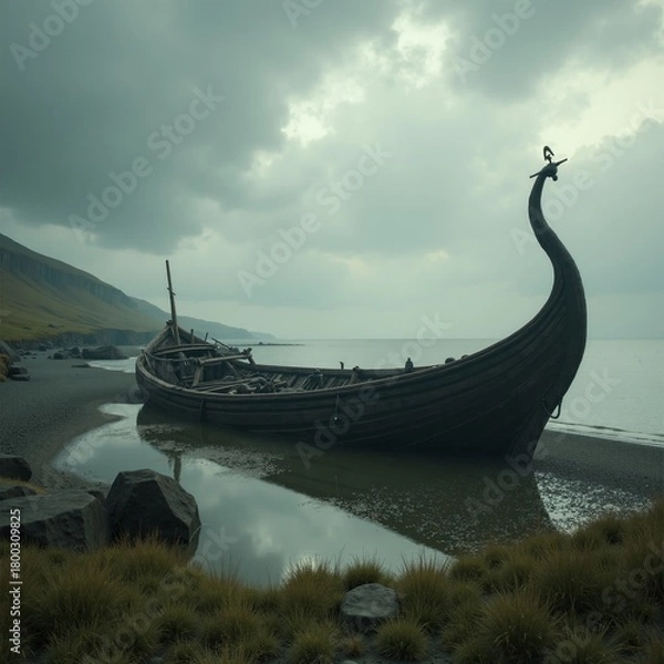 Fototapeta Old Viking ship rests on a quiet beach at dusk Generative AI