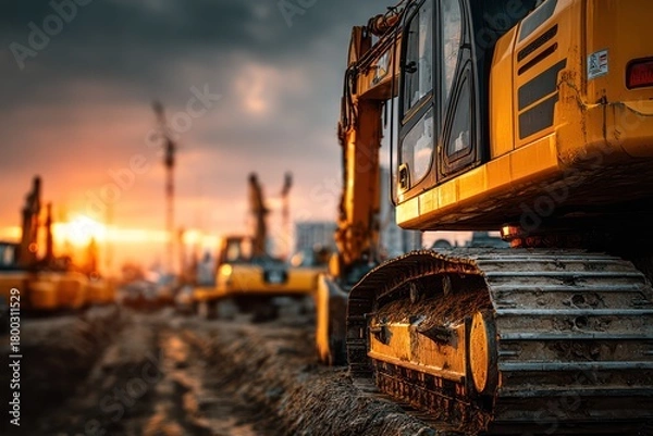 Fototapeta Construction Progress: Excavator Digging at Building Site