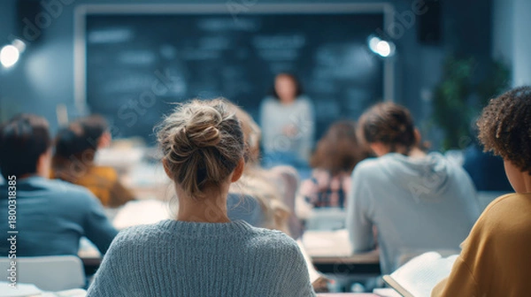 Obraz University students attending classroom lecture from back view