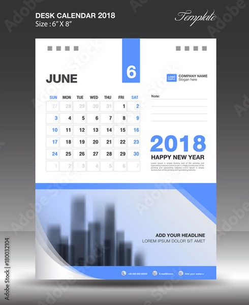 Obraz JUNE Desk Calendar 2018 Template design flyer vector, business brochure layout, Size 6x8 inch vertical
