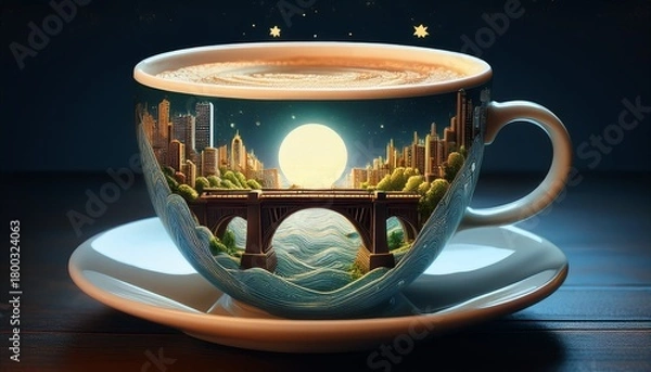 Obraz a fantastical cityscape formed within a coffee cup with a train bridge illuminated beneath a bright moon