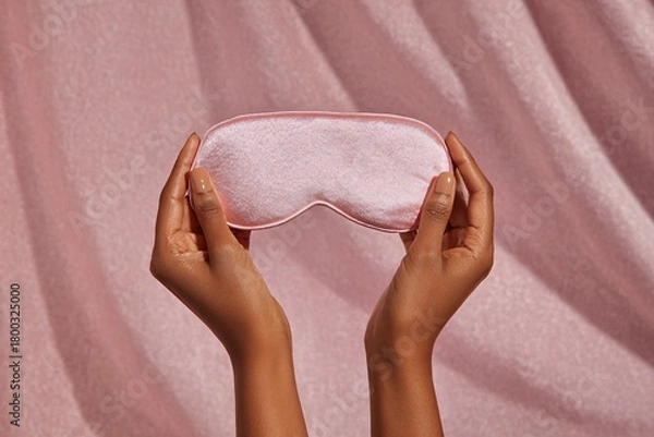 Fototapeta Hands holding a silk eye mask against a soft pink background