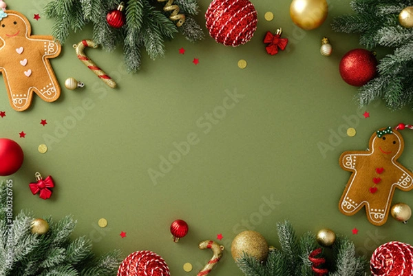 Fototapeta Christmas background. Border with lush pine branches, sweet gingerbread man figures, sparkling red and gold baubles, and candy canes, creating a festive frame around an empty green center.