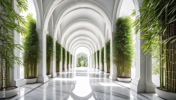 Fototapeta serene white arches in marble hallway adorned by bamboo plants bright and tranquil