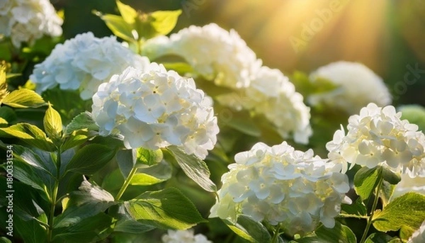 Fototapeta delicate white hydrangeas bathed in sunlight