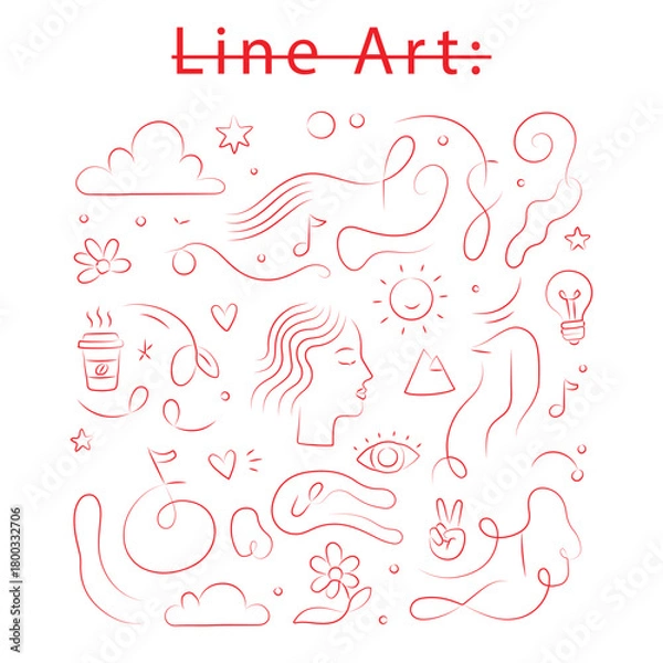 Fototapeta Abstract Hand-Drawn Doodle Line Art Set with Nature and Concept Elements. Everyday objects, coffee cup, light bulb. Ideal for use in branding, web design, social media graphics, educational materials.