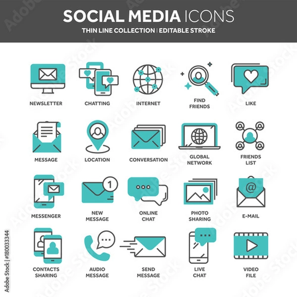 Fototapeta Communication. Social media. Online chatting. Phone call, app messenger. Mobile,smartphone. Computing.Email. Thin line blue web icon set. Outline icons collection. Vector illustration.
