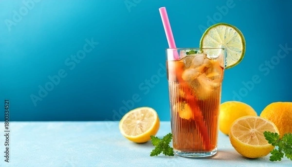 Obraz tall glass with iced tea pink straw citrus garnish on light blue backdrop