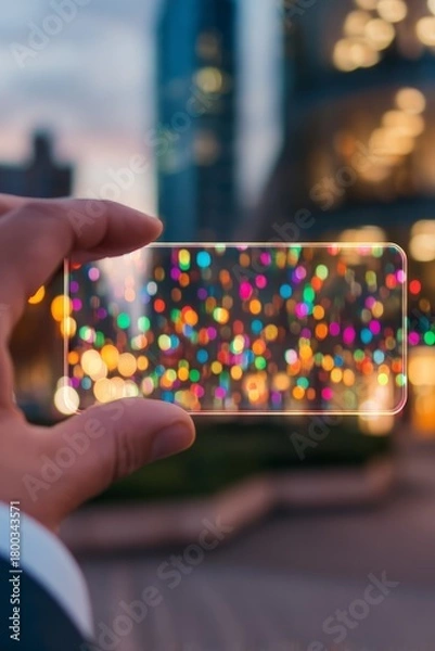 Fototapeta A hand holding a futuristic transparent smartphone against vibrant colorful bokeh lights of the city at dusk, representing modern technology and digital creativity