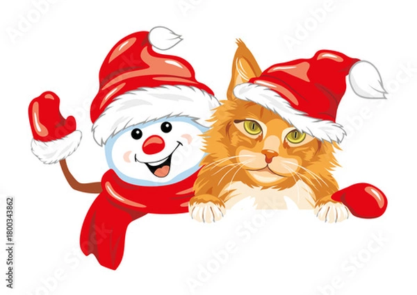 Obraz Waving happy snowman and ginger cat