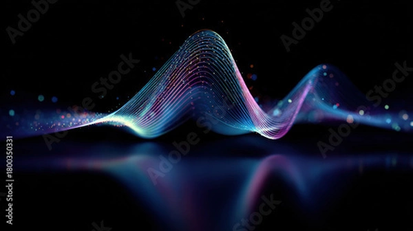 Obraz waveform or parametric curve composed of neon lines, particles. Dynamic visual data is set against dark background with reflections, machine learning, sound technology, science visualization