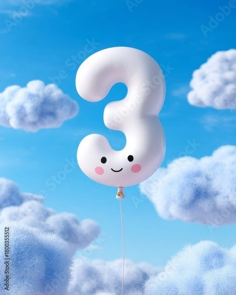 Fototapeta Whimsical cloud-set balloon with smiling number three on a clear blue sky