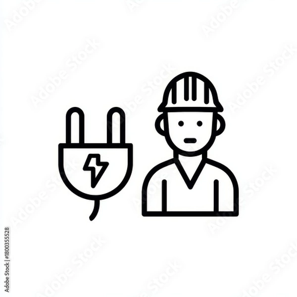Obraz Icon of male electrician with hard hat and electrical plug illustration