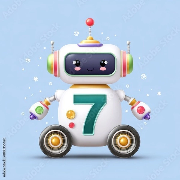 Obraz Cute cartoon robot with number seven and colorful design on blue background