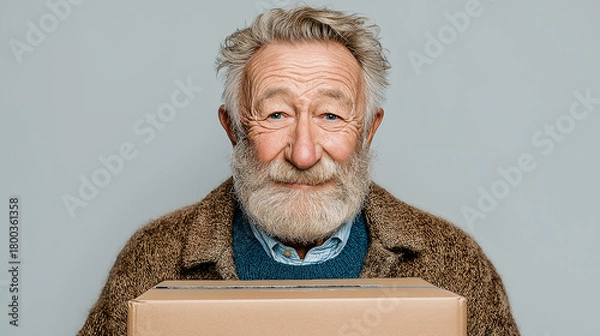 Fototapeta An elderly man holds a cardboard box on a white background. The concept of delivery, relocation, assistance, volunteering, postal services, packaging, and logistics.