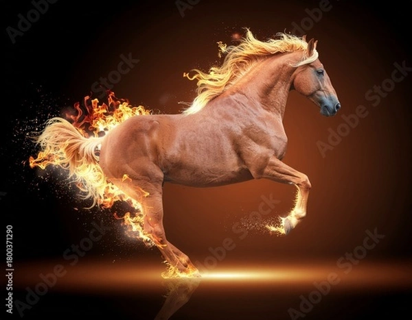Fototapeta Fiery Horse: A majestic chestnut horse with flames emanating from its hooves and tail.
