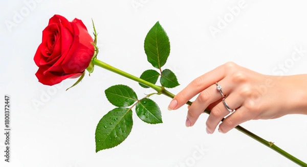 Fototapeta Hand Holding a Single Red Rose on a White Background