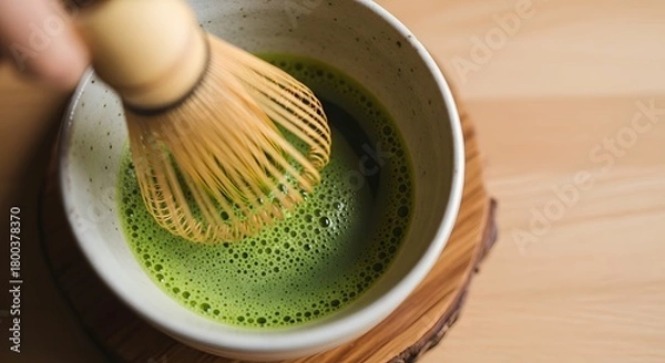 Fototapeta Zen-like Green Tea Ceremony: A serene matcha tea ceremony unfolds, capturing the delicate dance of whisking vibrant green tea with a bamboo whisk.