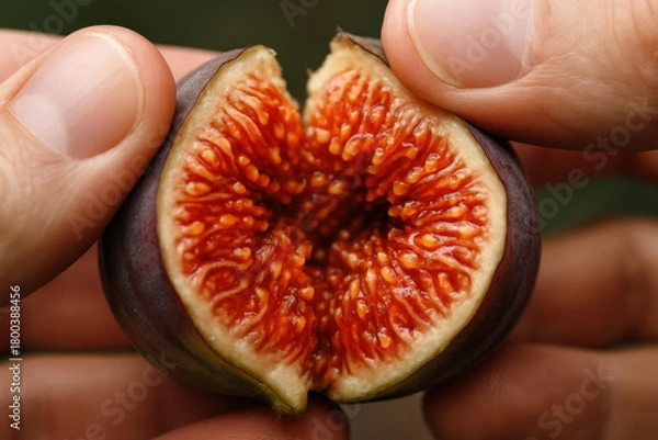 Fototapeta Delectable Fig: A ripe fig is halved, revealing its exquisite inner details, as it is held delicately between hands, ready to be enjoyed.